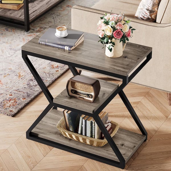 BYBLIGHT Kerlin 23.6 in. Grey Rectangle Wood End Table with Metal Frame, Small 3-Tier Sofa Table Wood Bedside Nighstand