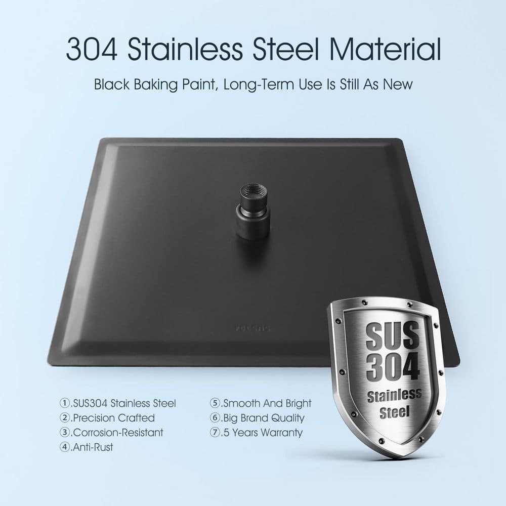 Matte Black 12-Inch Square Stainless Steel Rain Shower Head
