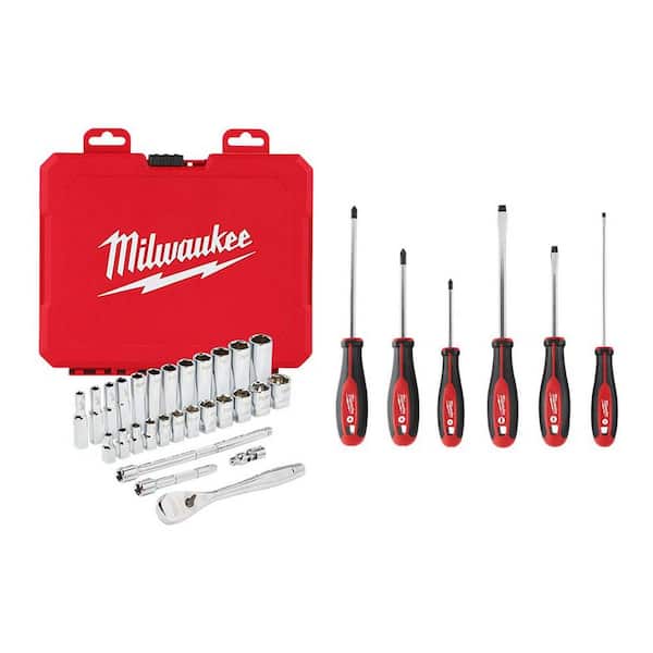 Milwaukee 1/4 in. Drive Metric Ratchet and Socket Mechanics Tool Set with Phillips/Slotted Screwdriver Set (34-Piece)