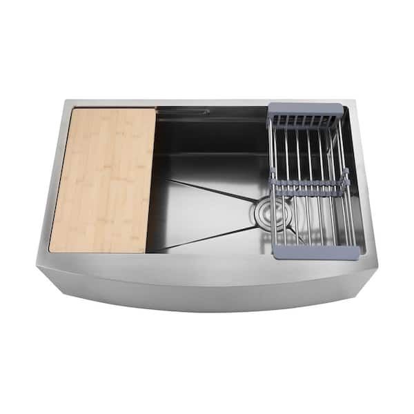 AKDY HEX 33 in. Farmhouse Apron Front Single Bowl Stainless Steel Workstation Kitchen Sink with Cutting Board