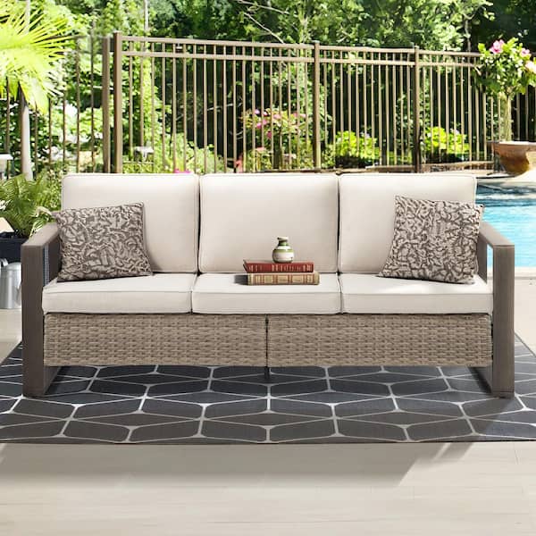 3-Seat Wicker Outdoor Couch Patio Steel Frame Sofa with Beige Cushions