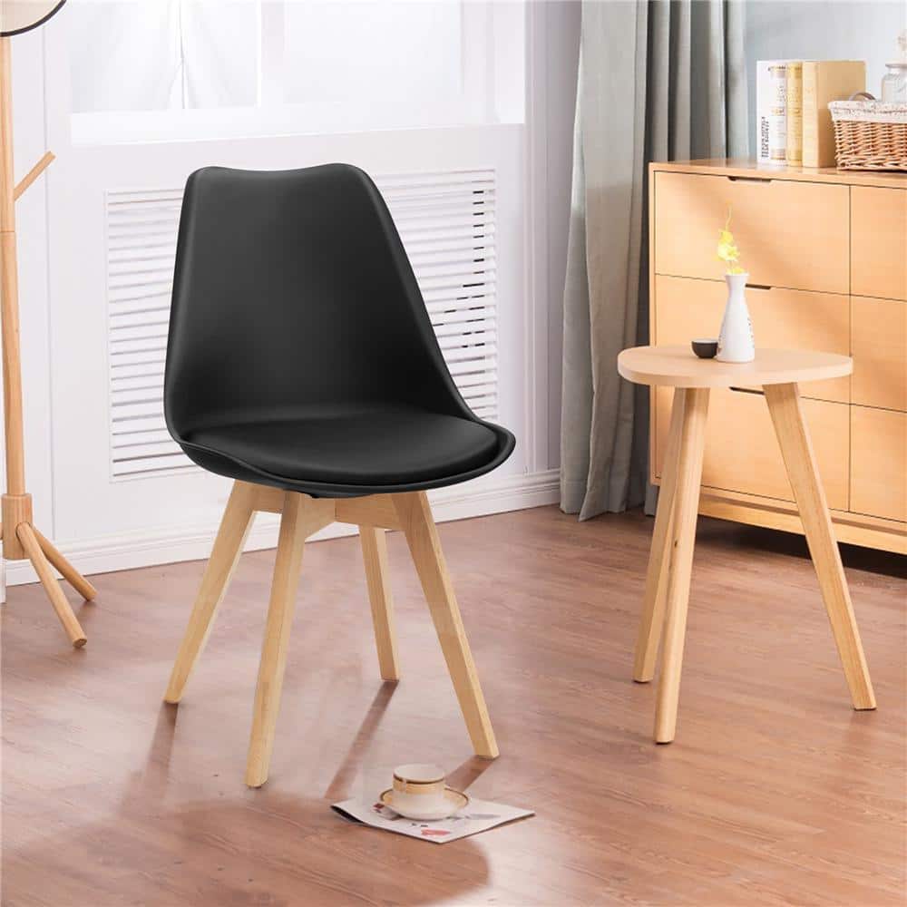 Set of 4 Black Upholstered Leather Side Chairs with Wood Legs