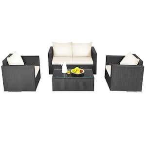 Costway 4PCS Patio Rattan Furniture Set Conversation Glass Table Top  Cushioned Sofa, White 