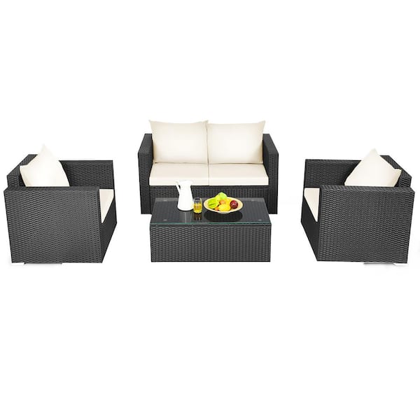 Costway Island 4-Piece Wicker Patio Rattan Furniture Set Sofa Chair Coffee Table Off with White Cushions