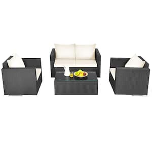 Black 4-Pieces Wicker Patio Rattan Conversation Set Sectional Sofa and Coffee Table with Beige Cushions