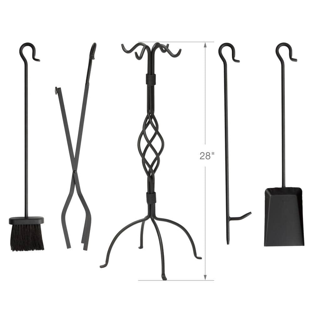 Black Wrought Iron 5-Piece Fireplace Tool Set with Center Weave