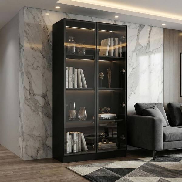 Black Wood Storage Cabinet Display Cabinet With Tempered Glass Doors, 3-Color LED Lights and Aluminum Framed