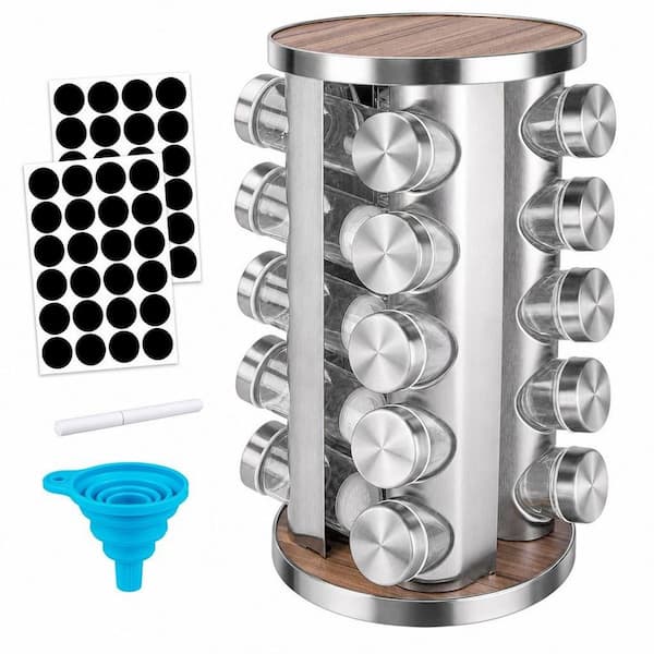 Stainless Steel Rotating Spice Rack Organizer with 20 Jars for Cabinet and Countertop Use in Black