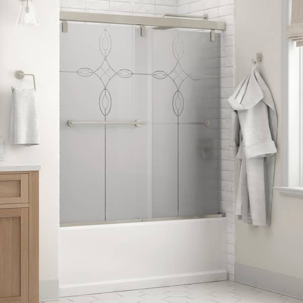 Delta Everly Mod 50-1/8 to 58-1/2 in. W x 59- H Soft-Close Frameless Sliding Tub Door in Nickel with Tranquility Glass