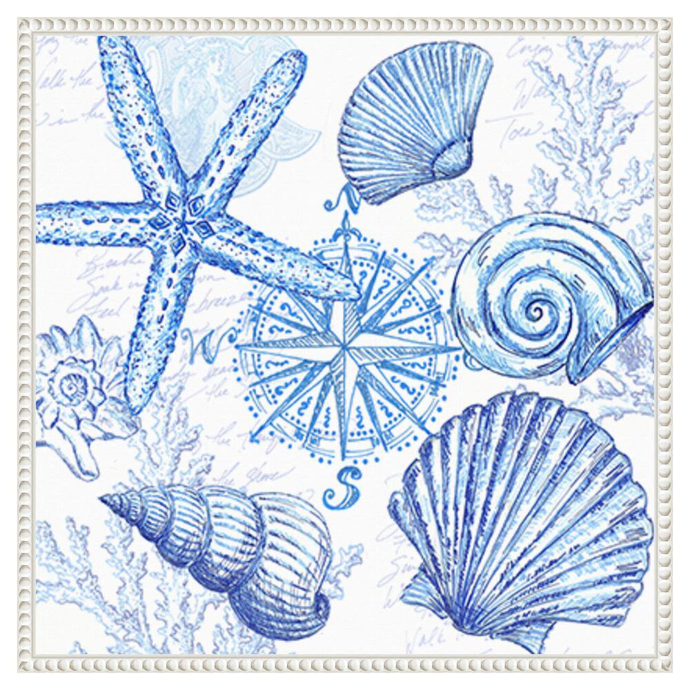 Blue Coastal Shells and Starfish Canvas Print with White Frame