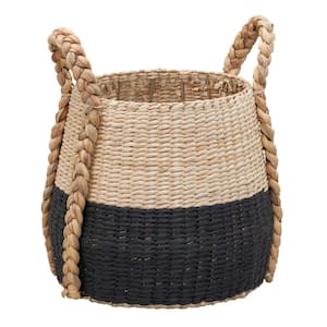 Natural and Black Round Terra Braid Cattail and Paper Rope Decorative Wicker Storage Basket