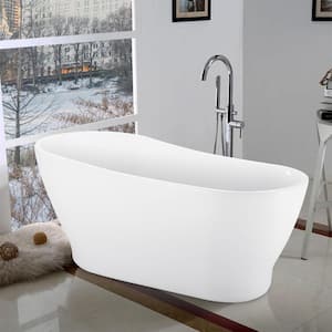 59 in. Acrylic Single Slipper Flatbottom Freestanding Soaking Bathtub in Glossy White Overflow and Pop-up Drain