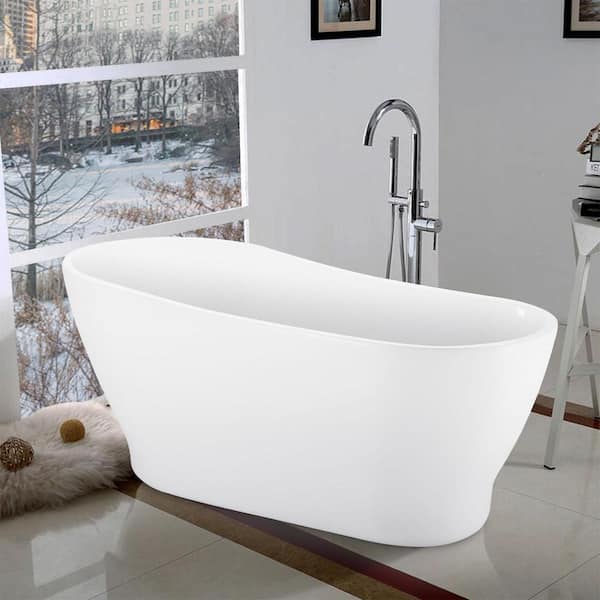 ANGELES HOME 59 in. Acrylic Single Slipper Flatbottom Freestanding Soaking Bathtub in Glossy White Overflow and Pop-up Drain