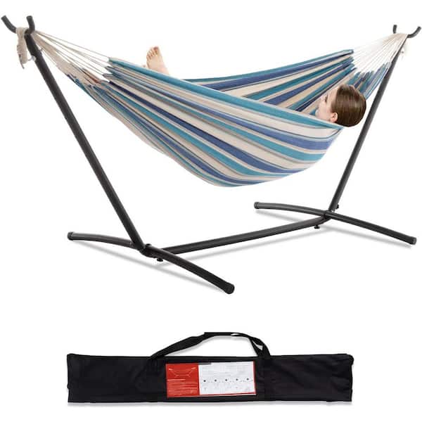 9 ft. Quilted Reversible Hammock, Capacity 2 People Standing Hammocks and Portable Carrying Bag ( Lightblue )