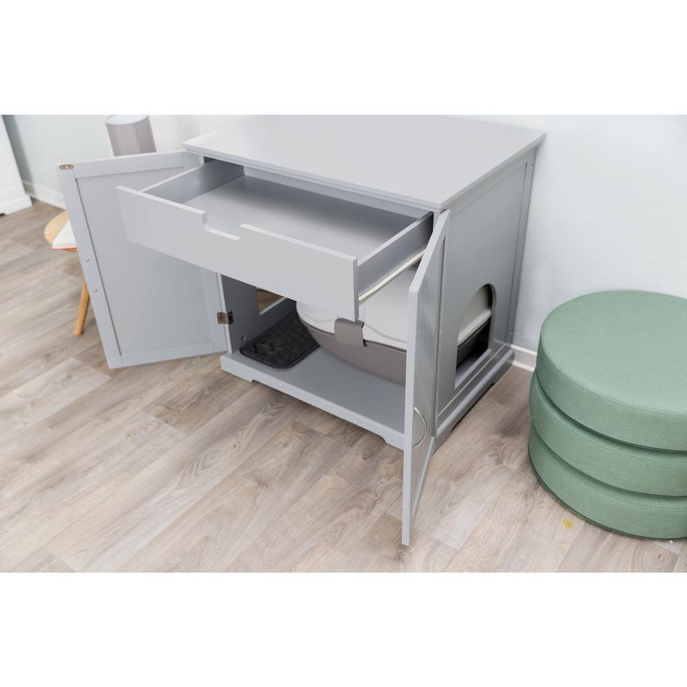 Gray Wooden Litter Box Enclosure with Storage Drawer