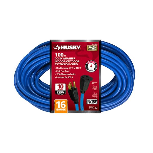 Husky 100 ft. 16/3 Medium Duty Cold Weather Indoor/Outdoor Extension Cord, Blue