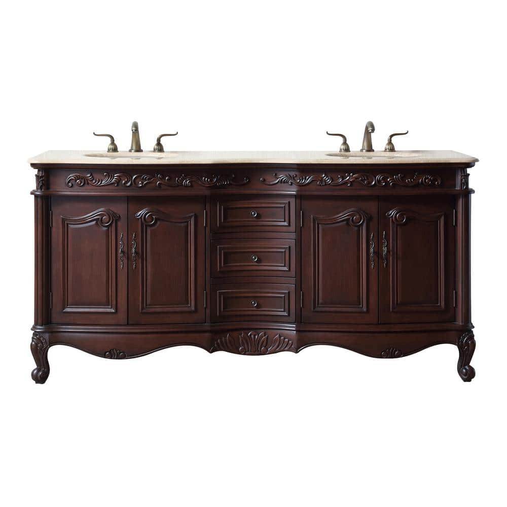 Saturn 72 in. Vanity in Dark Cherry with Marble Vanity Top in Travertine wi