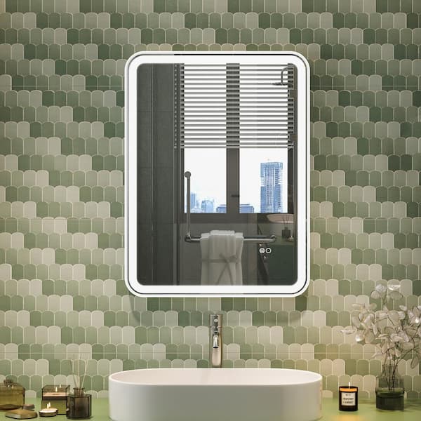 FORCLOVER 24 in. W x 32 in. H Rectangular R-Shaped Corners Aluminum Framed Dimmable LED Wall Bathroom Vanity Mirror in White