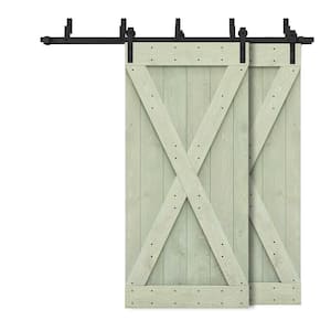 72 in. x 84 in. X Series Bypass Sage Green Stained Solid Pine Wood Interior Double Sliding Barn Door with Hardware Kit
