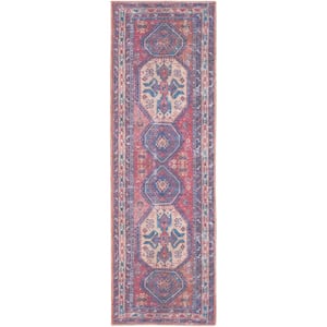 57 Grand Machine Washable Red/Navy 2 ft. x 6 ft. Bordered Transitional Kitchen Runner Area Rug