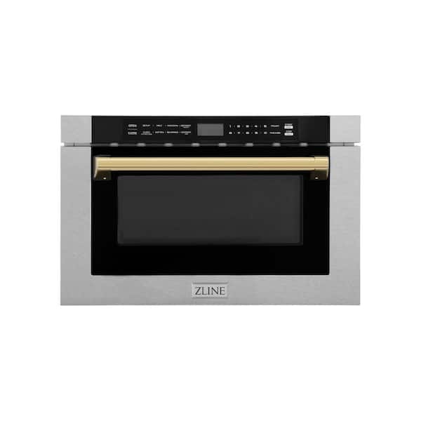 Autograph Edition 24 in. Microwave Drawer with Traditional Handle in Satin Stainless Steel and Polished Gold Accents
