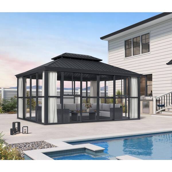 12 ft. x 16 ft. Grey Sunroom Solarium 360° Transparent with Curtains Outdoor Gazebo with 4-Side Sliding Doors & Windows