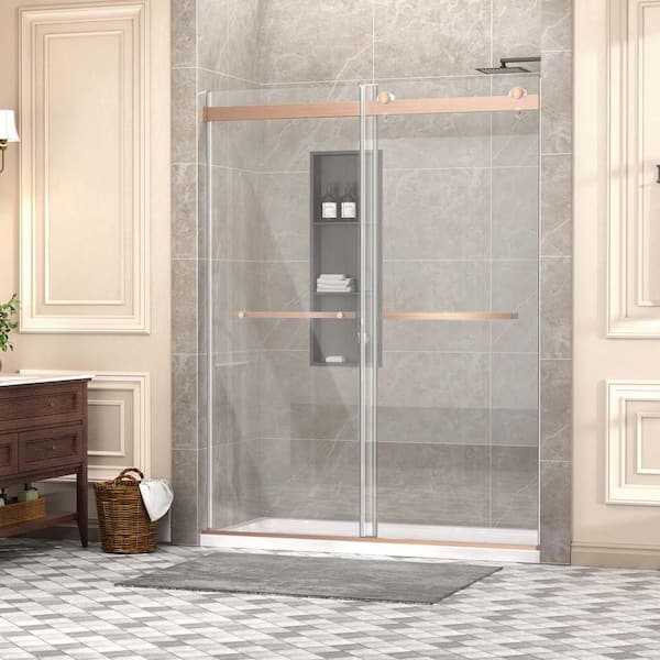 56 in. to 60 in. W x 75 in. H Double Sliding Frameless Shower Door in Brushed Rose Gold with 5/16 in. (8 mm) Glass