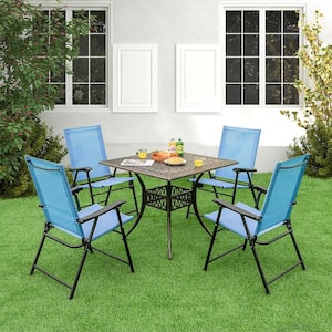4 -Piece Folding Sling Back Chair Portable Armrests Metal Outdoor Dining Chair in Blue
