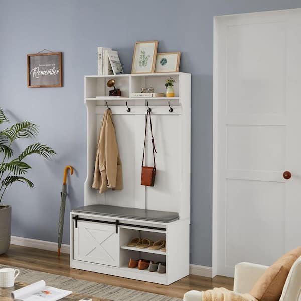 Entryway hall tree with coat rack 4 hooks and storage bench shoe cabinet  white - Bed Bath & Beyond - 35406902
