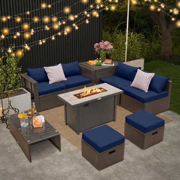 Kadehome Outdoor 9-Piece Brown Patio Wicker Furniture Set with 42 in. Propane Fire Pit Table and Navy Cushions