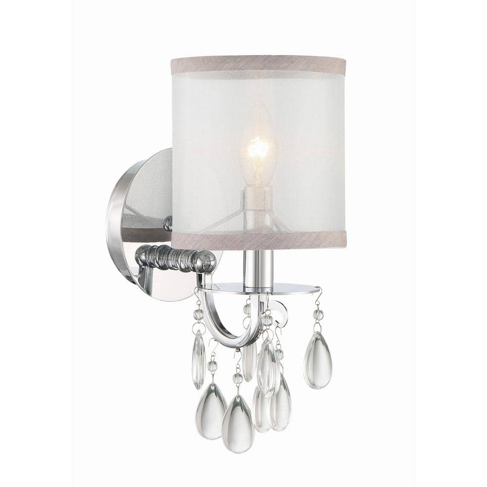 Elegant Chrome Sconce with Translucent Gold Silk Shade and Etruscan Beads