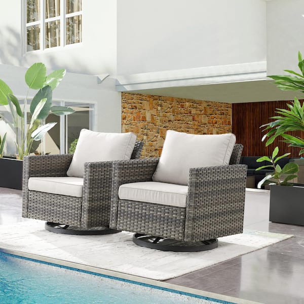 Gray Wicker Outdoor Rocking Chair, Patio Swivel Gliders with Beige Cushions for Porch or Balcony (2-Pack)