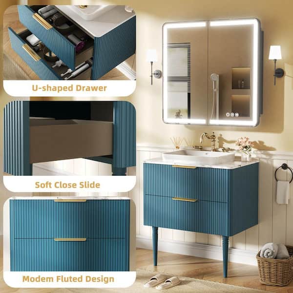 FAMYYT 30 in. W Bath Vanity in Aqua Blue with White Cultured