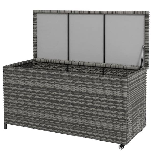 Outdoor Storage 83 Gal. Gray PE Wicker Deck Box with Wheels for Garden Tools, Pool Supplies & Patio Furniture Cushions