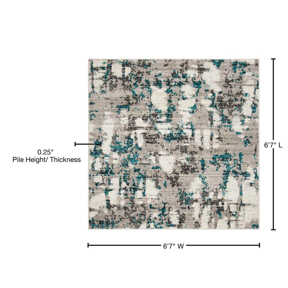 Skyler Gray and Blue Synthetic Abstract Square Rug 6'7"