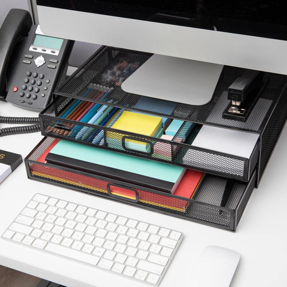 Black Metal Mesh Monitor Stand with Storage Drawers