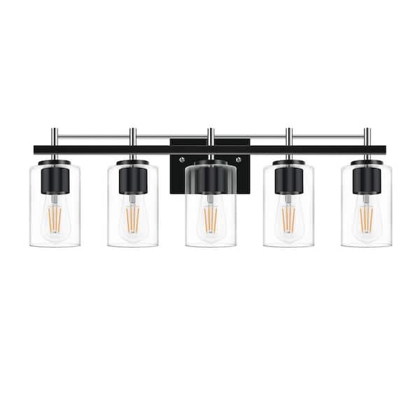 HKMGT Farmhouse 30.7 in. 5-Light Chrome and Black Bathroom Vanity Light with Glass Shade