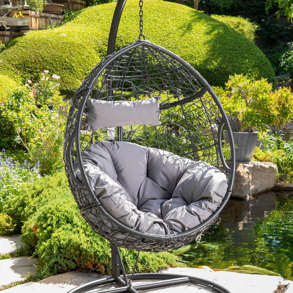 CHRISTOPHER KNIGHT HOME Kyle Indoor/Outdoor Black Metal and PE Rattan Hanging Basket Chair with Gray Cushion (Stand Not Included) 312594 - The Home Depot