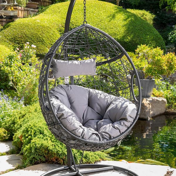 Kyle Indoor/Outdoor Black Metal and PE Rattan Hanging Basket Chair with Gray Cushion (Stand Not Included)