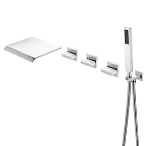 Modern 3-Handle Wall Mounted Roman Tub Faucet with Hand Shower and Waterfall Spout in Chrome