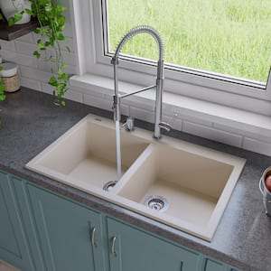 Drop-In Granite Composite 33.88 in. 1-Hole 50/50 Double Bowl Kitchen Sink in Biscuit