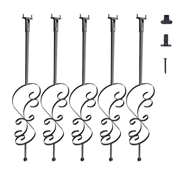 44 in. x 0.8 in. Metal Stair Balusters, 5 Pack Galvanized Steel Decorative Banister Spindles, S Shape Hollow Satin Black