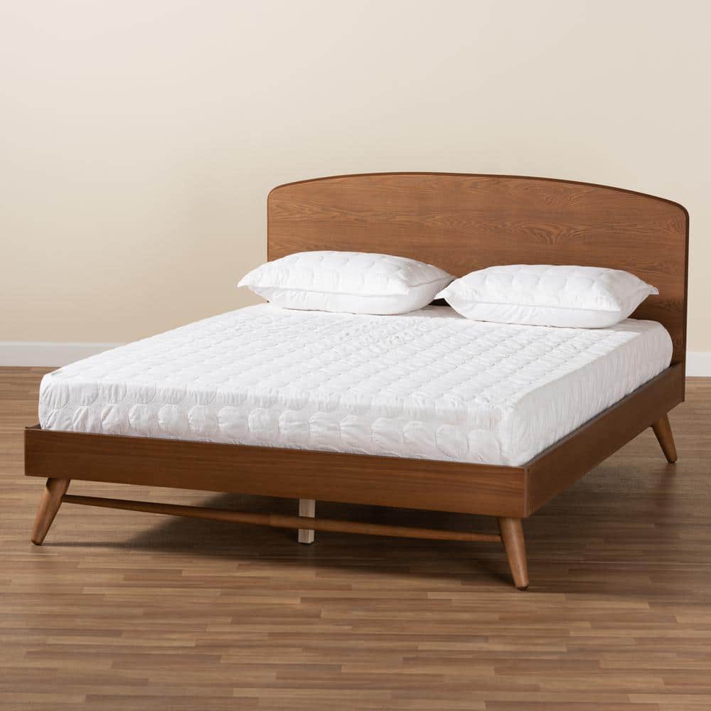 Walnut Brown Queen Wood Frame Platform Bed with Curved Headboard