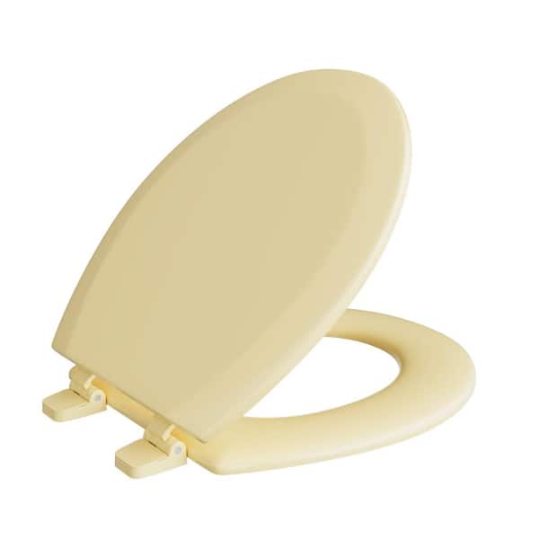JONES STEPHENS Deluxe Molded Wood Round Closed Front Toilet Seat with Cover and Adjustable Hinge in Citron Yellow