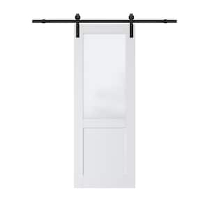 24 in. x 80 in. 1/2-Lite Tempered Frosted Glass White Primed MDF Composite Sliding Barn Door with Hardware Kit