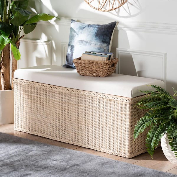 Barid Natural Rattan and Fabric Rectangle Ottoman