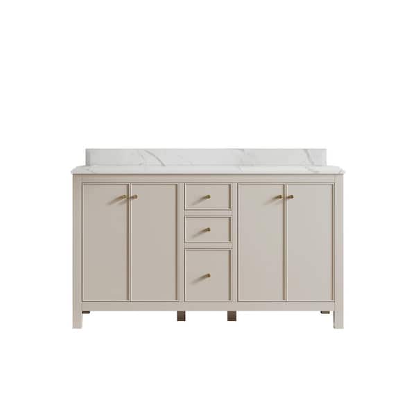 Willow Collections Chicago 60 in. Double Sink Freestanding Fine Grain Bath Vanity with Calacatta Laza Qt. Top Unassembled