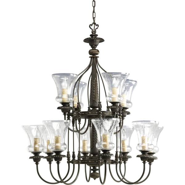 Progress Lighting Fiorentino Collection 12-Light Forged Bronze Chandelier with Clear Seeded Glass Shade