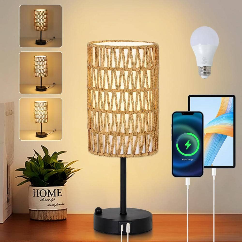 15 Inch Black Touch Table Lamp With Rattan & Linen Shade and USB Charging Port & Phone, 3 Way Dimmable for Office price history on PriceWatchPro