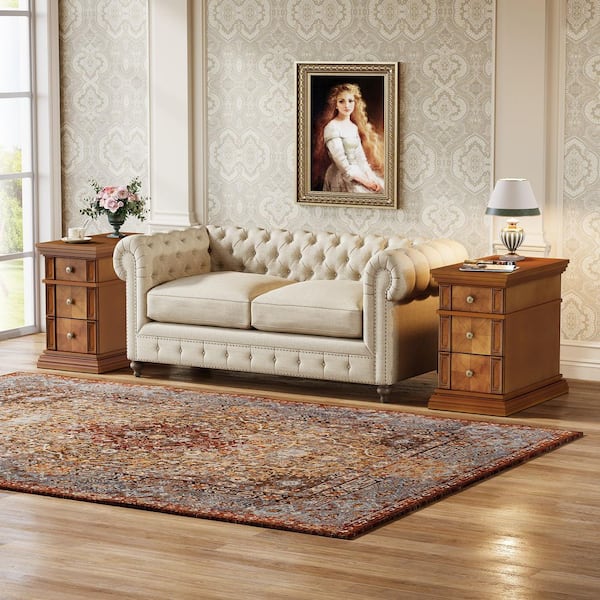 BYBLIGHT Kerlin 23.62 in. Walnut Farmhouse End Table Set of 2, Rectangle 3-Drawer Wood Sofa Side Table for Living Room